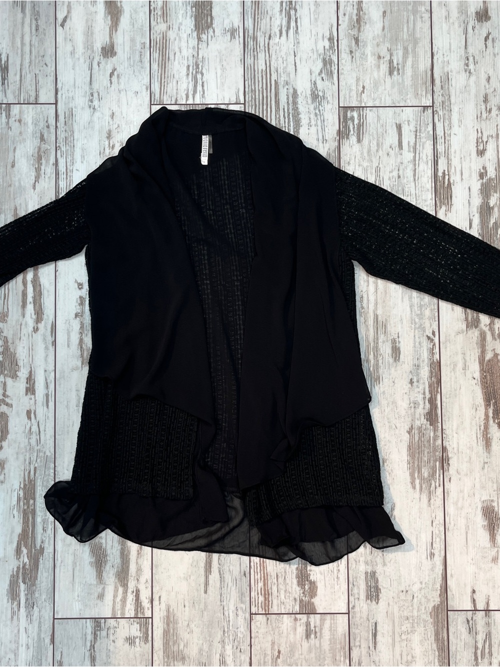 Monoreno Mixed Media Open Front Cardigan Womens Medium Black Crochet Chiffon - Picture 10 of 13
